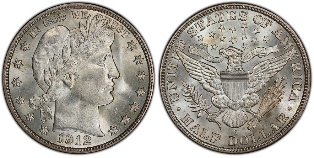 Side-by-side comparison of 1912 Philadelphia and 1912-S Barber Half Dollar reverses showing mintmark location above DOLLAR