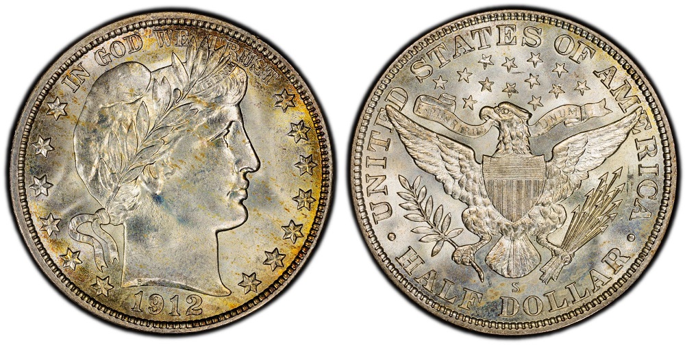 Close-up of 1912-S Barber Half Dollar reverse showing S mintmark above DOLLAR